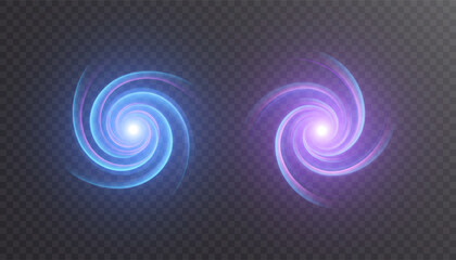 Naklejka premium Blue and purple glowing spiral vortex light effect on transparent background with bright core, soft luminous halo and smooth circular motion. Vector illustration.
