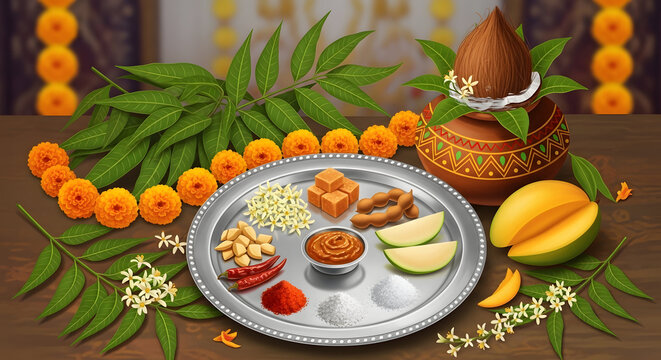 Ugadi festival still life digital painting with traditional mango leaves neem flowers kalash coconut and vibrant colors for telugu and kannada new year celebration