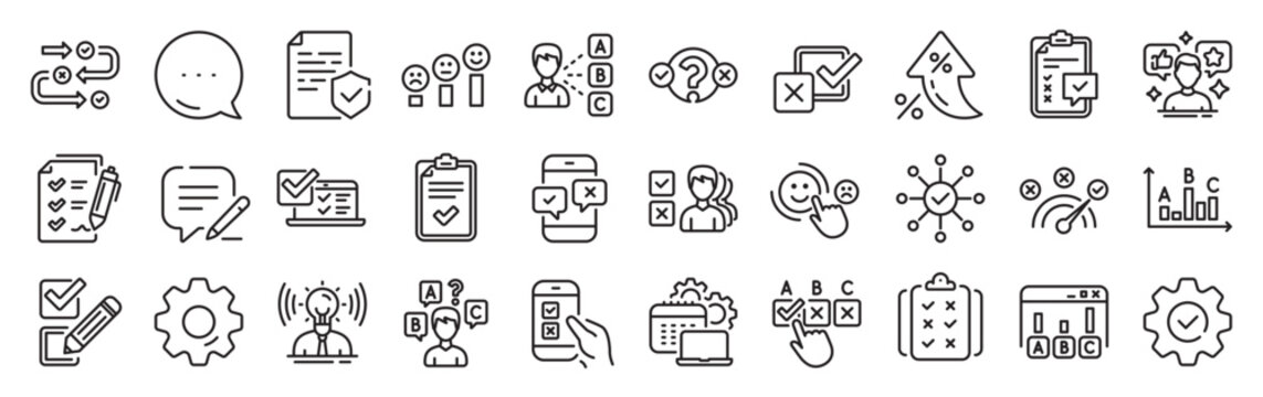 Survey, Report review line icons. Settings gear, Message, Inflation icons. Opinion, Customer satisfaction feedback and Test icons. Checklist review, Quiz and Business report symbols. Vector