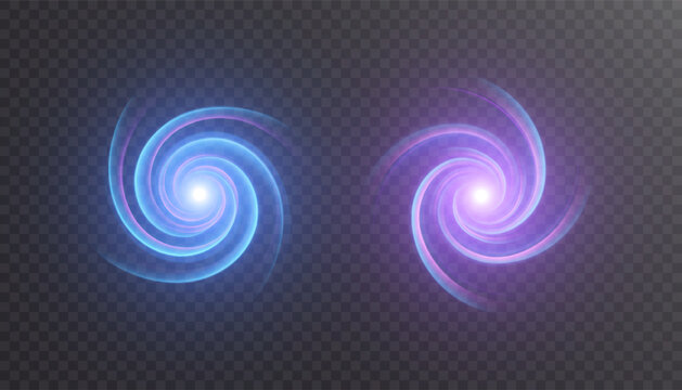 Blue and purple glowing spiral vortex light effect on transparent background with bright core, soft luminous halo and smooth circular motion. Vector illustration.