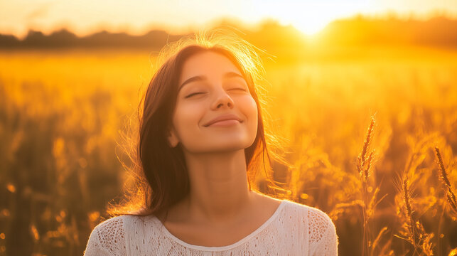Portrait of calm happy smiling free woman with closed eyes