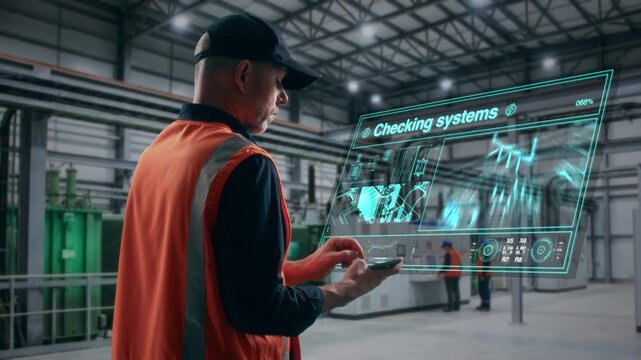 Technical Expert In Orange Safety Vest Assessing Digital Dashboards In Industrial Environment