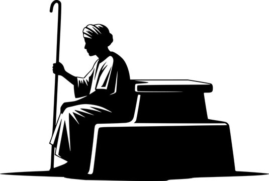 Farmer Resting Mastaba Silhouette Village Life Egypt Tradition Staff Black Vector