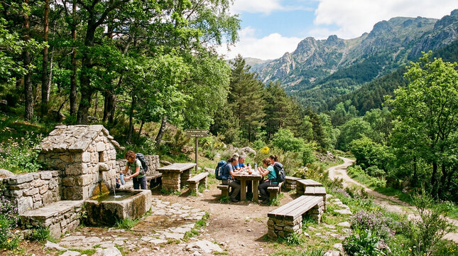 &Aacute;rea de descanso r&uacute;stica en la monta&ntilde;a con mesas de piedra y una fuente natural que brota de la roca. Un rinc&oacute;n tranquilo rodeado de vegetaci&oacute;n y &aacute;rboles en un entorno rural id&iacute;lico.