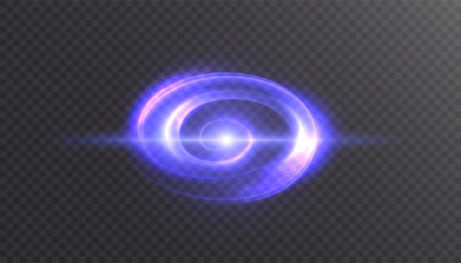 Obraz premium Glowing blue purple spiral light vortex isolated on transparent background. Vector cosmic energy swirl with bright core for sci fi design.