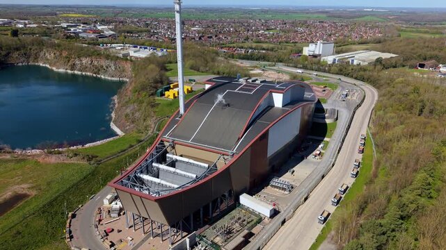 Aerial drone view of an energy recovery facility and waste incinerator in Shepshed, UK