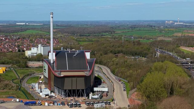 Aerial drone view of an energy recovery facility and waste incinerator in Shepshed, UK