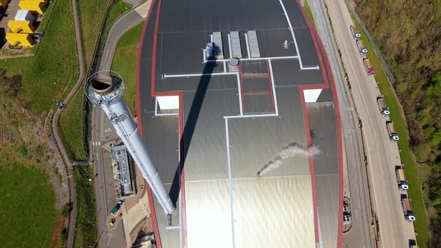 Aerial drone view of an energy recovery facility and waste incinerator in Shepshed, UK