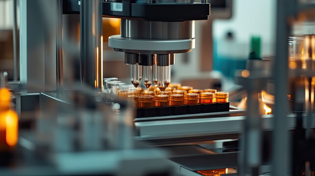 Robotic laboratory equipment filling numerous small vials with a brown liquid, symbolizing precision, technological advancement, and efficiency in scientific research and development
