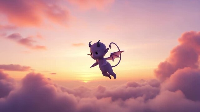Small Flying Devil Silhouette against Pink Sunset Clouds