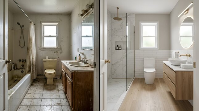 Transformation of a dated bathroom into a modern sleek space with minimalist design and elegant fixtures