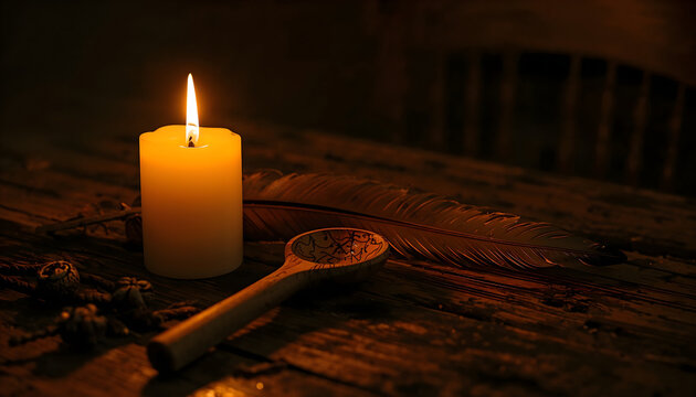 ritual search for chametz with candle feather and wooden spoon for passover