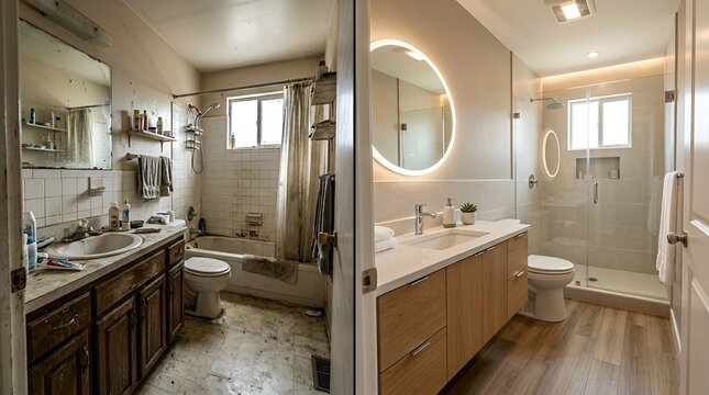 Transformation of a dated bathroom into a modern sleek space with contemporary fixtures and elegant lighting