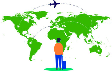 Global travel concept with airplane routes, world map illustration, tourist holding suitcase, international tourism, air connectivity, vacation planning, worldwide mobility, adventure journey © MSTESMOTARA