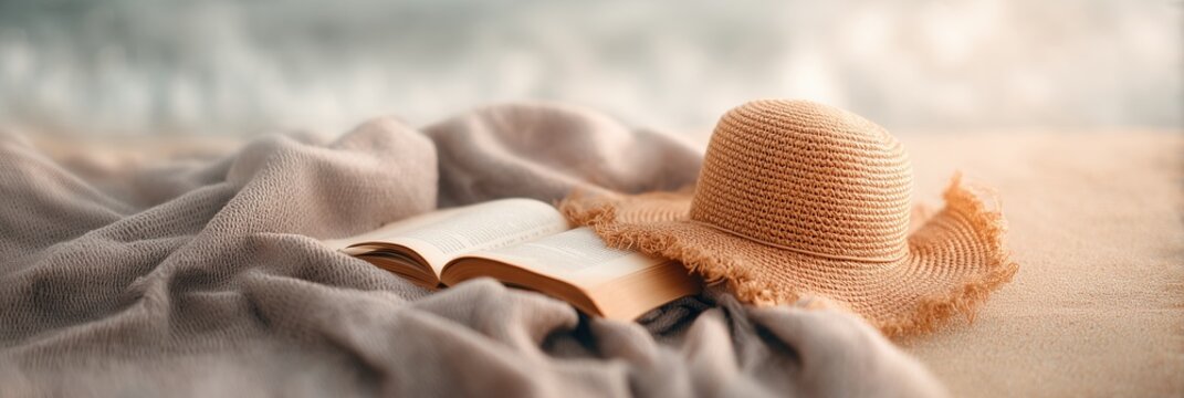 Straw hat and open book on soft blanket on sandy beach with blurry ocean background, perfect for relaxing summer vacation