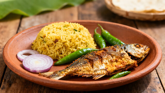 Pohela Boishakh festive food featuring crispy fried Ilish fish, rice, and green chilies