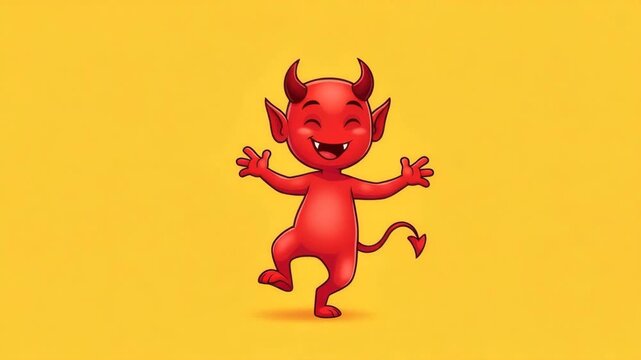 Little Red Devil Dancing on Bright Yellow Background