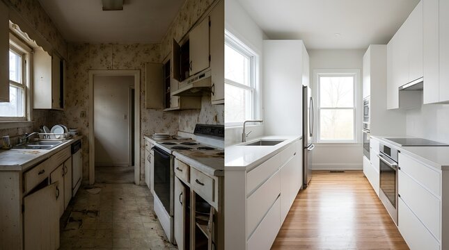 Transformation of a neglected outdated kitchen into a sleek modern culinary space highlighting renovation progress