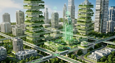 Obraz premium Futuristic Green Cityscape With Sustainable Architecture and Advanced Technology