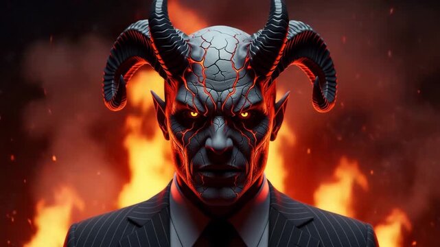 Portrait of Sinister Devil Man in Suit with Horns