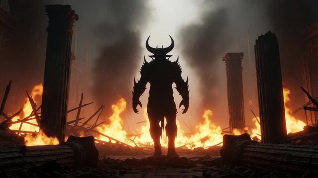 Dark Silhouette of Horned Demon Standing in Fire