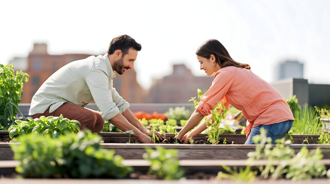 Urban Rooftop Gardening Couple Planting Herbs in Spring Sunshine