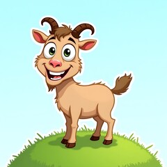 Fototapeta premium A cartoon goat standing on a green hill with a blue background