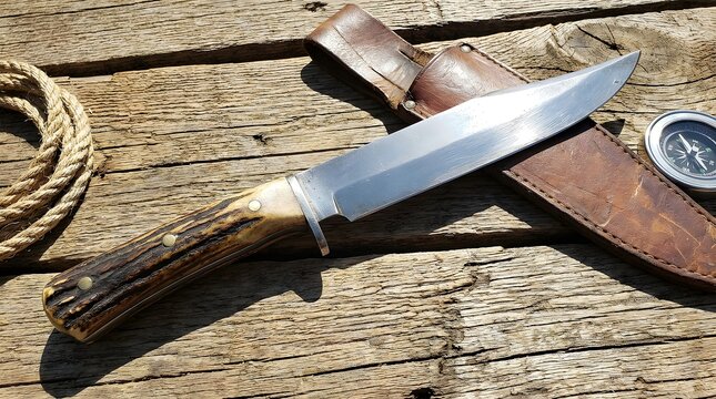 Vintage Bowie Knife With Polished Steel Blade and Stag Handle Rests on Textured Wood Surface