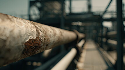 Rusted metal pipe showing peeling paint and corrosion with a blurred industrial facility in the background, conveying themes of neglect and aging infrastructure