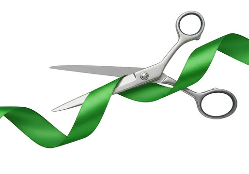 Scissors cutting through a green ribbon or decorative bow in a sleek motion isolated on transparent background png