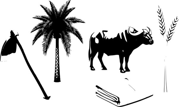 Egypt Farming Icons Set Hoe Palm Tree Buffalo Wheat Symbols Black Vector