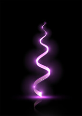 Obraz premium Vertical glowing purple light line with soft haze, smooth wavy path and bright base flare on black background. Vector magic energy trail for overlays, fantasy effects and digital design.