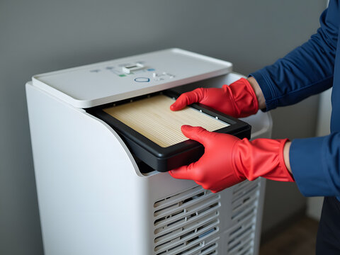 A person in a blue shirt and orange gloves is opening an ice maker