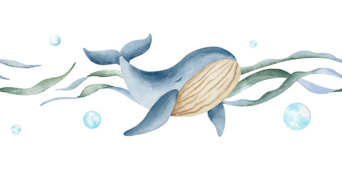 Seamless border of ocean whale, seaweed, bubbles. Hand drawn watercolor kids lane background. Summer marine nursery horizontal banner of sea underwater inhabitant for children design, baby goods © Fedulova_art