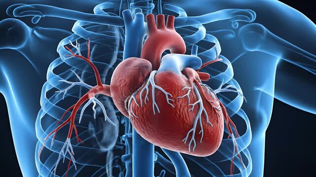 A detailed 3D rendering showcases the human heart within a translucent skeletal structure, highlighting the intricate network of arteries and veins.