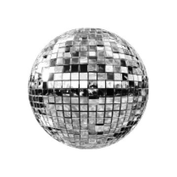 Abstract halftone illustration of a disco ball composed of small mirrored tiles, rendered in a dotted black-and-white texture. The circular form and reflective pattern evoke nightlife, music, and part