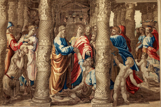 Urbino, Italy -The Throne Room in the Ducal Palace. Tapestries made in England at the Mortlake Manufactory based on cartoons by Raphael with scenes from the Acts of the Apostles.