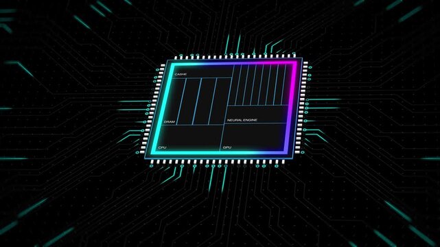 Inside Engineering Lab Showcasing Neon AI Chip With Radiating Teal Pathways And Detailed Schematic