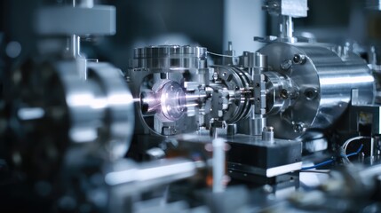 Fototapeta premium Scientific research apparatus operating in a laboratory environment, a glowing laser beam passing through highly advanced optical and metallic components in a high tech setting
