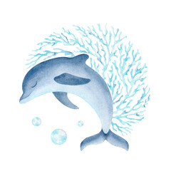 Dolphin, coral, bubbles watercolor hand drawn illustration. Sea marine flippered animal arrangement. Underwater inhabitant ocean world nursery composition for room decor, baby shower card, poster © Fedulova_art