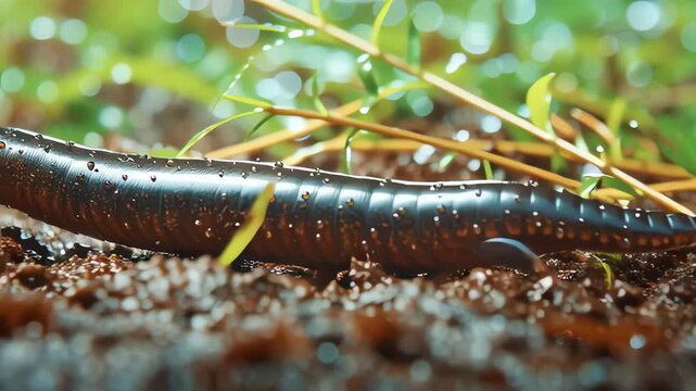 Macro view of a caecilian moving through damp soil and fallen leaves in a tropical rainforest, sharp skin detail and wet ground texture