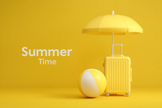 Yellow Summer Flat Lay with Beach Umbrella Suitcase and Ball Minimal Design Summer Time Text