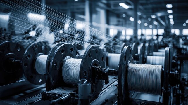 Automated spinning machine spools fiber threads onto bobbins in a modern industrial setting, representing efficiency, technology, and large scale manufacturing processes