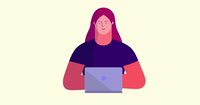 Animated woman body front side scene laptop isolated. Cartoon animation of businesswoman smiling working. Business explainer flat design people serie movie. Female with computer work scene video.