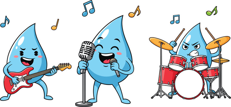 Cute water drop band cartoon with guitar singer microphone and drum set kawaii music characters isolated on white background