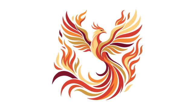 Elegant Phoenix Bird with Fire Elements Flat Vector Illustration, Mythical Flame Symbol