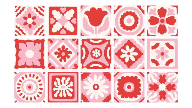 Pink Mediterranean Floral Tile Set. Modern Minimal Hand Drawn Coquette Flower Blossom Lace Abstract Geometric Organic Shape seamless pattern collection. Vector illustration