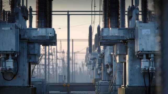 Industrial outdoor electrical substation with rows of high voltage power transformers and insulators supplying electricity to the grid during dawn or dusk