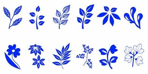 Fototapeta premium Collection of stylized blue floral and foliage illustrations on white