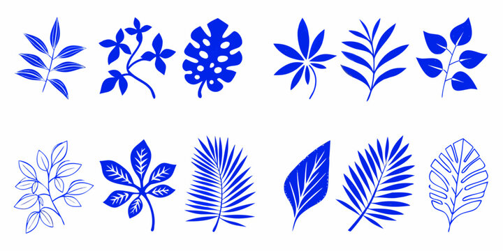 Collection of stylized blue leaves and botanical illustrations